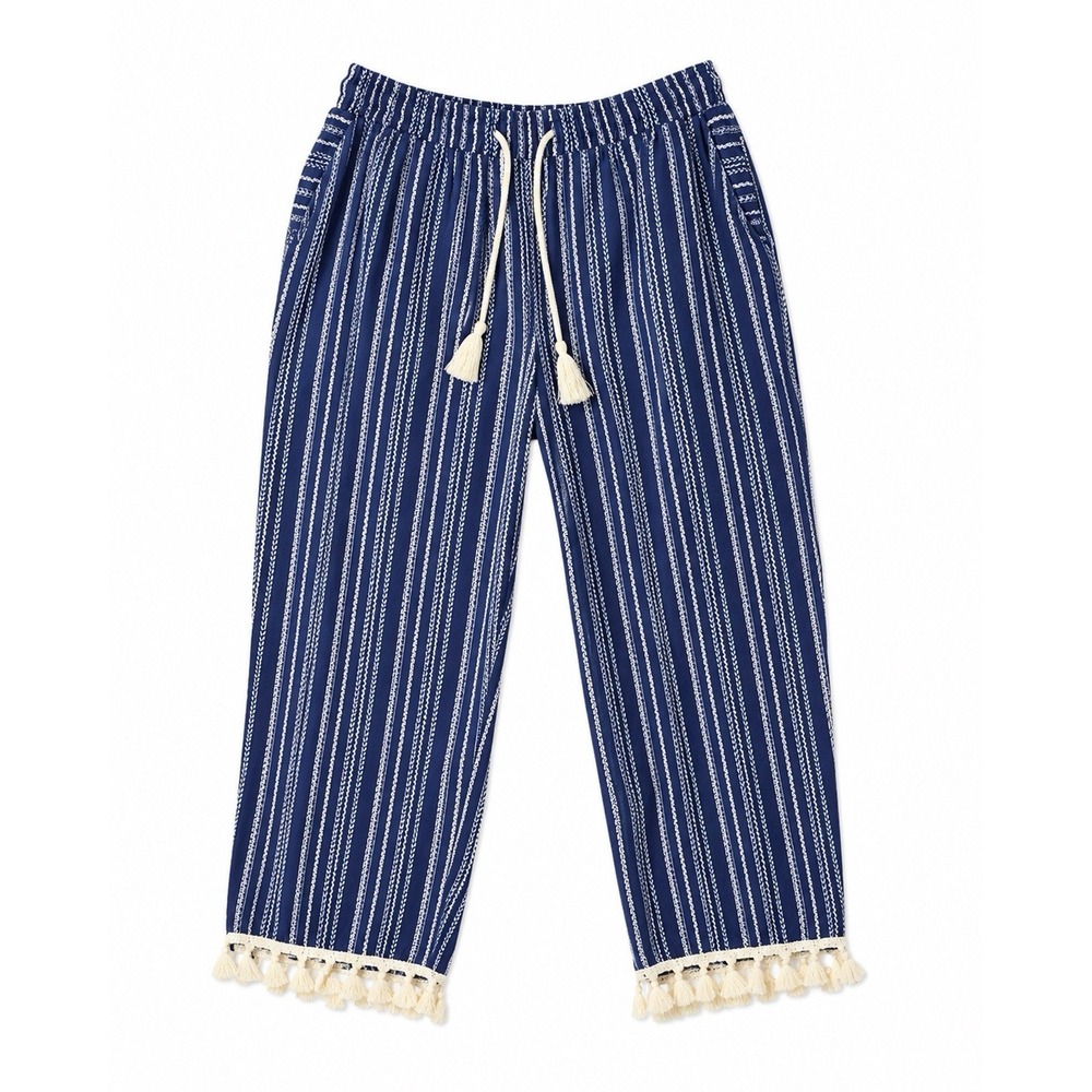 Marleylilly Seersucker Beach Pants in navy & white chevron/ikat stripes Tassels